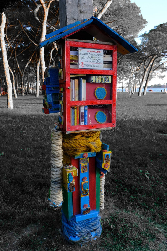 Venice, an original box for book exchange, nailed to a tree