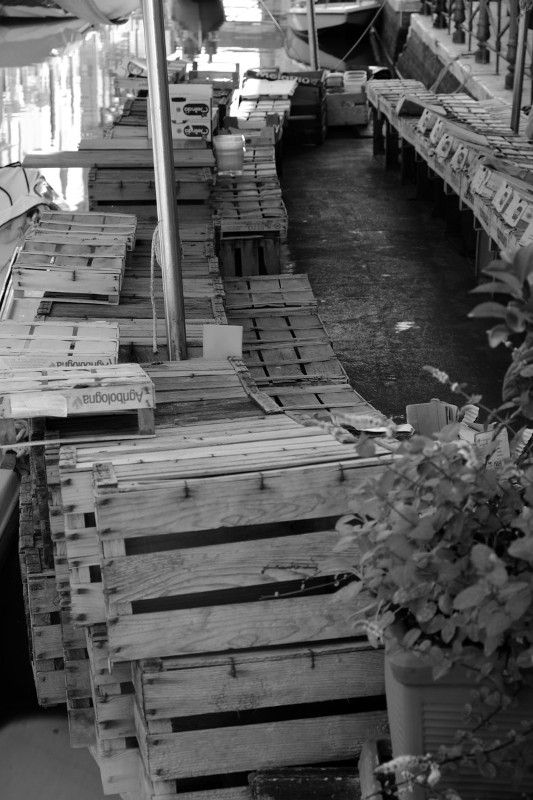Venice, boxes for the sale of fruits and vegetables (black and white)