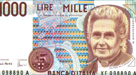 Maria Montessori portrait on the old Italian note worth 1000 lire
