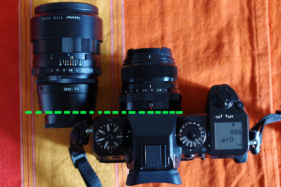 the Super-Takumar 85mm with the adapter aligned with the Fujifilm XH-1