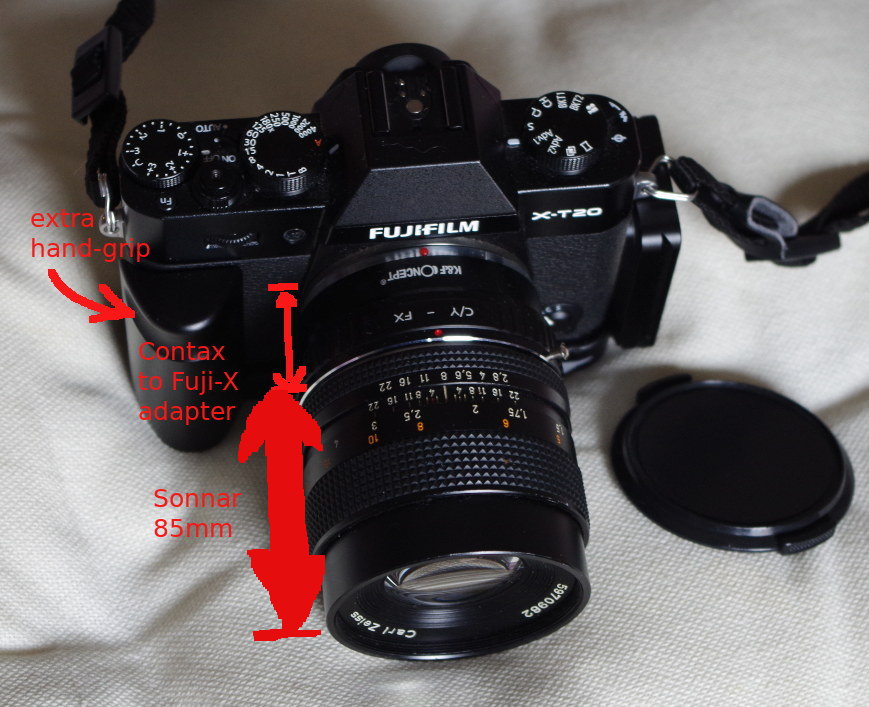 the Zeiss Sonnar 85/2.8 attached to the Fujifilm XT-20