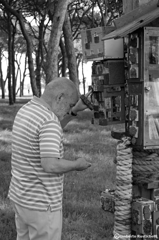 Venice, an old man taking care of a small niche for book exchange