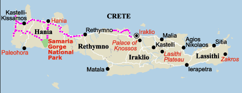 Mappa di Creta e tappe del viaggio. Crete travel map